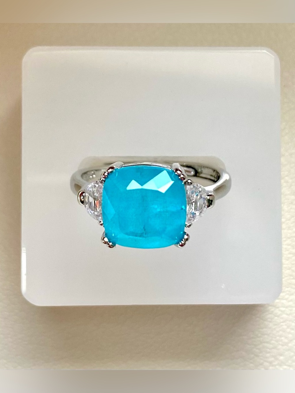 Turquoise Cushion-Cut Gemstone Ring with Side Stones